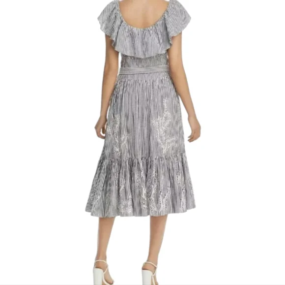 Tory Burch Eyelet Embroidered Stripe Flounce Ruffle Hem Midi Dress Gray Blue 8 - Picture 3 of 13